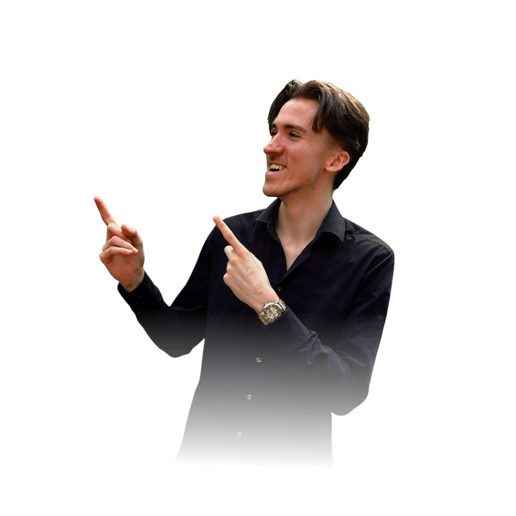 Managing Director of LeGiTT Performance Marketing Lukas Görz pointing at the background with two fingers